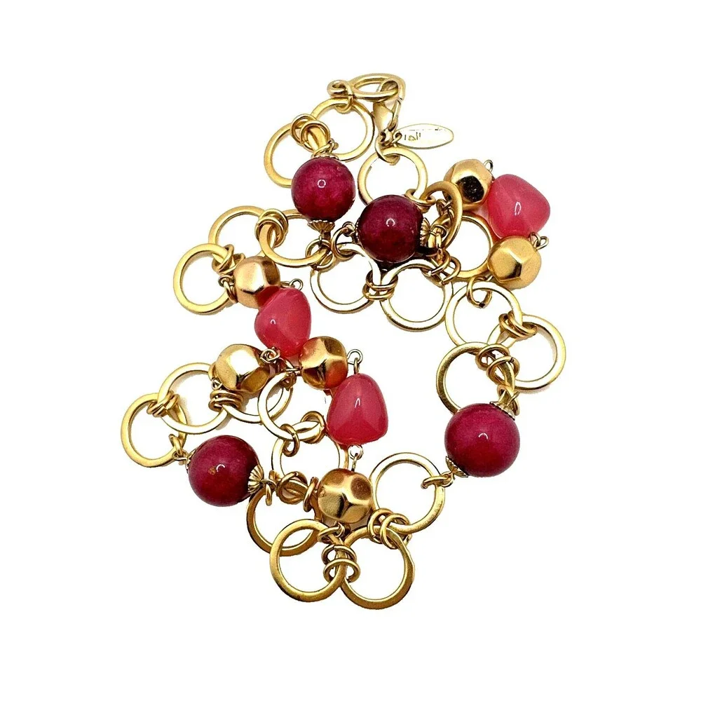 Vintage TALBOTS Station Necklace Pink Stone Glass Bead Gold Tone Link 25